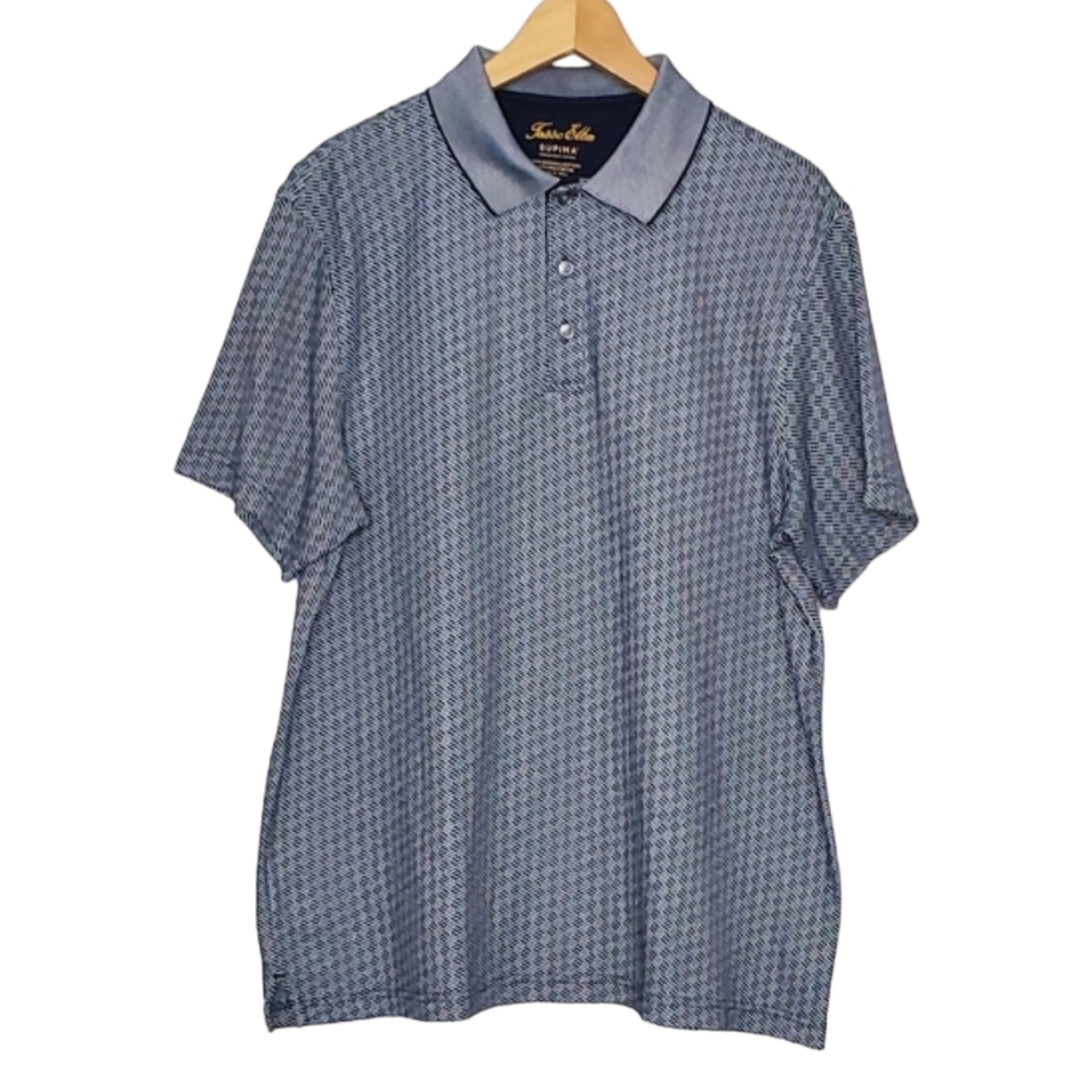 Tasso Elba Polo Shirt Mens Size Large Navy Blue Geometric Print Short Sleeve Tee